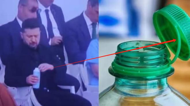 一个瓶盖闹翻天？欧盟双标太离谱，法国国庆阅兵现场，泽连斯基当众拧断矿泉水连体瓶盖