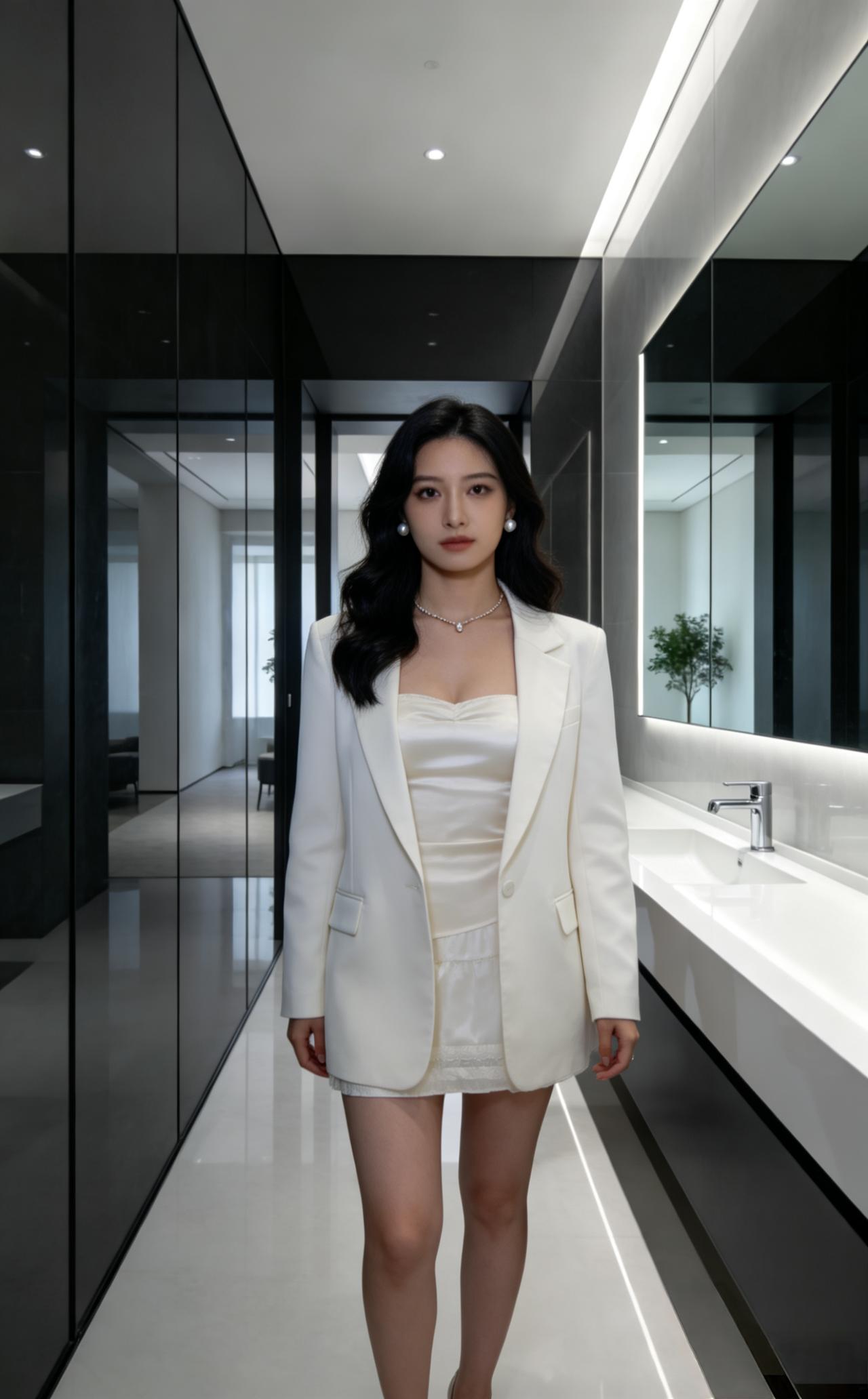 什么样的穿搭可以成为气质女神?米白色缎面抹胸内搭，外搭一件挺括的米白色西装外