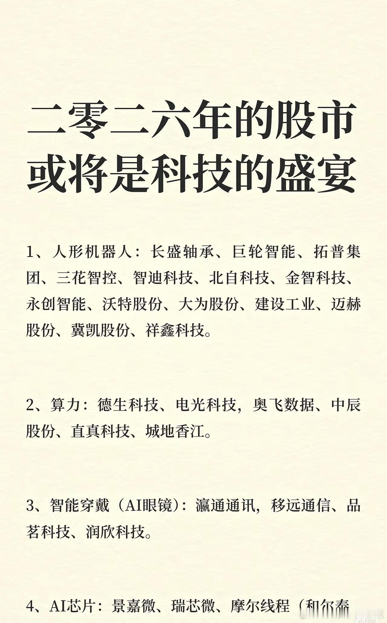2026年股市或成科技盛宴，内容涵盖10大科技领域及相关股票：1.人形机器人：