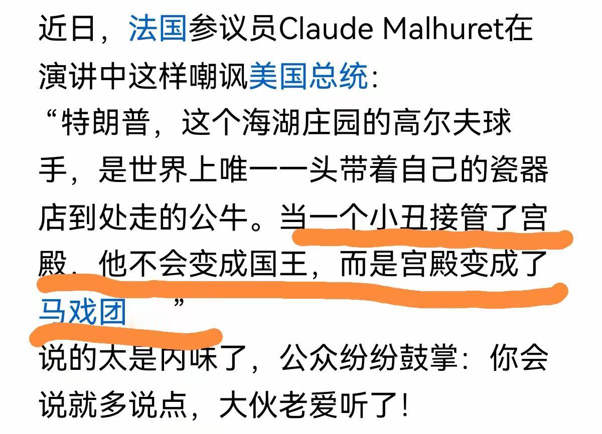 “当一个小丑接管宫殿，他不会变成国王，而是宫殿变成了马戏团”，来自法国议员的评价