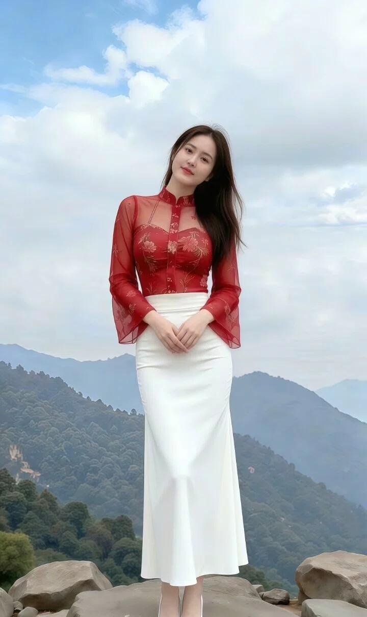 山间仙子，红衣白裙，云雾缭绕，美不胜收。