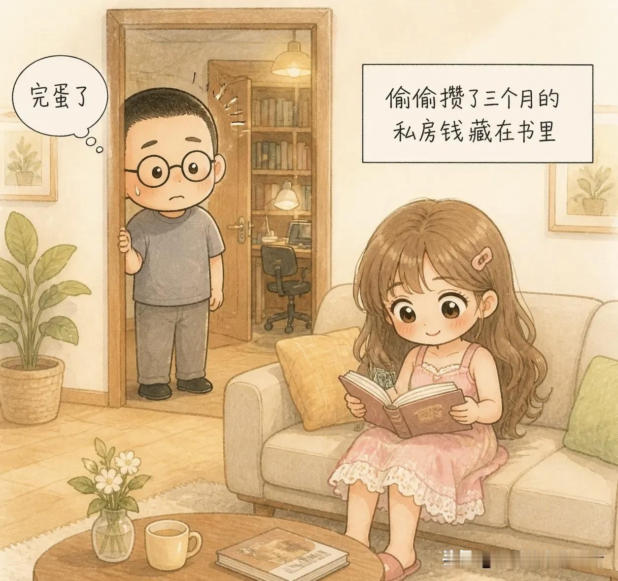 有趣漫画推荐：我偷偷攒了三个月私房钱，藏在书房一本书里。那天回家，发现老婆在看那