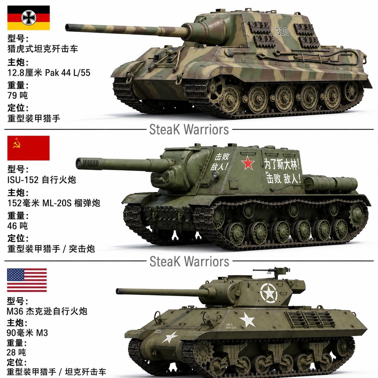 一张图看懂德美苏三国的标志性反坦克/突击炮，各有各的绝活👇🇩🇪德国：