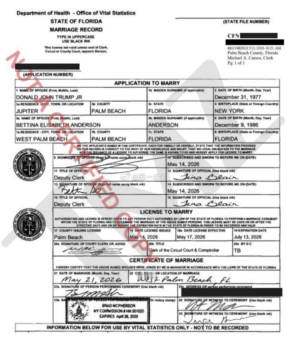 川子大儿子跟未婚妻BettinaAnderson已经低调完成了法律注册程序，正
