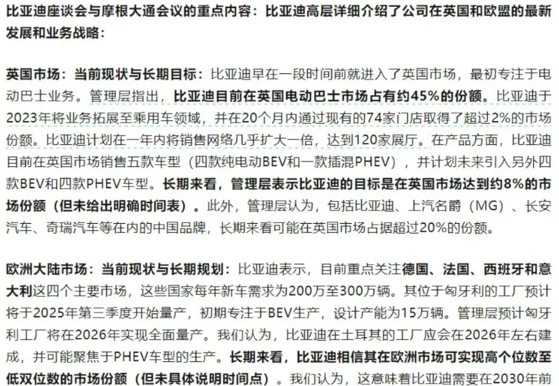 比亚迪与摩根大通会议的重点内容。和我之前说的差不多，远期目标就是在欧洲拿下10