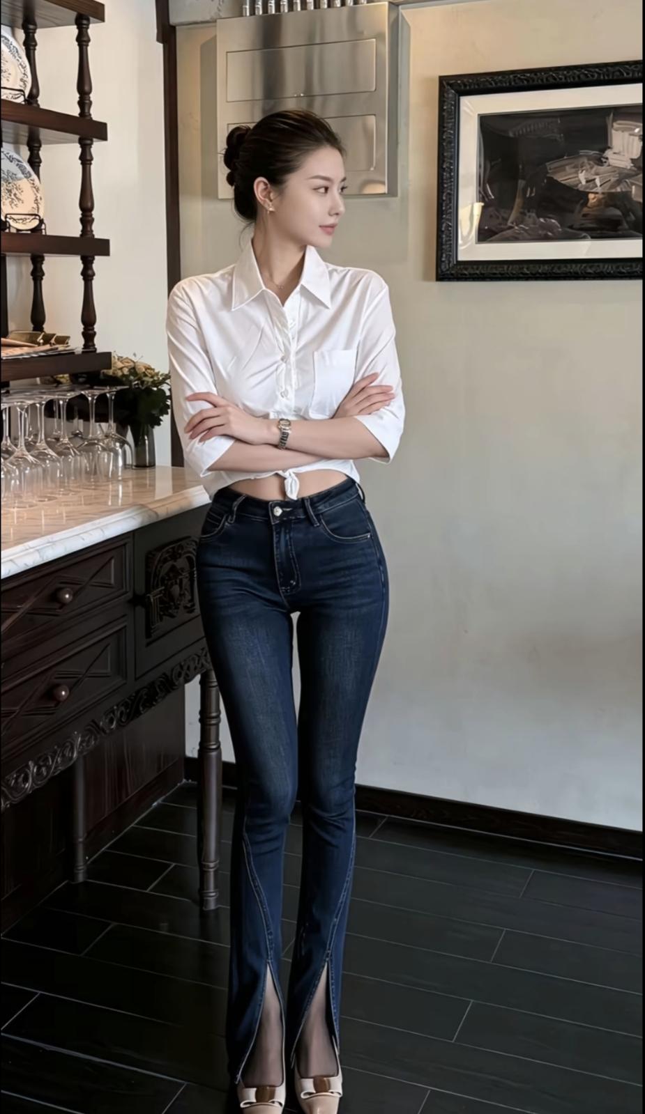 深靛蓝紧身牛仔裤，才是真正的“显瘦天花板”✨搭配一件基础白衬衫，在腰间轻轻打个