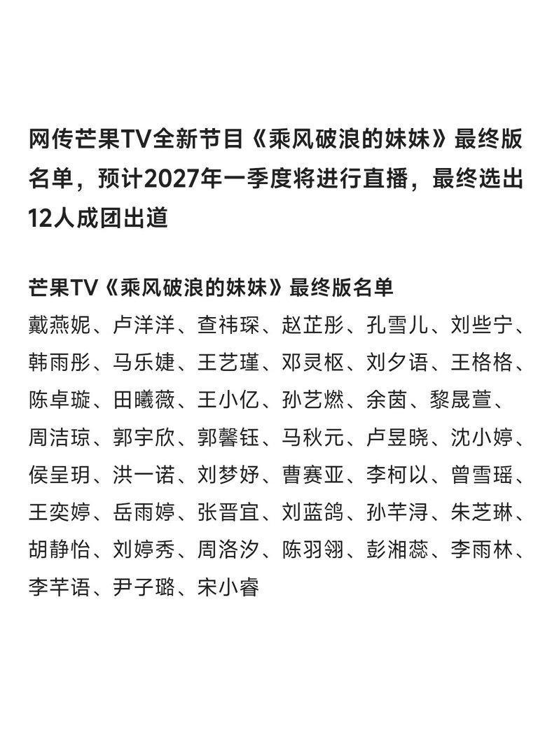 网传芒果TV全新节目《乘风破浪的妹妹》最终版名单，明年一季度直播，最终选出12人