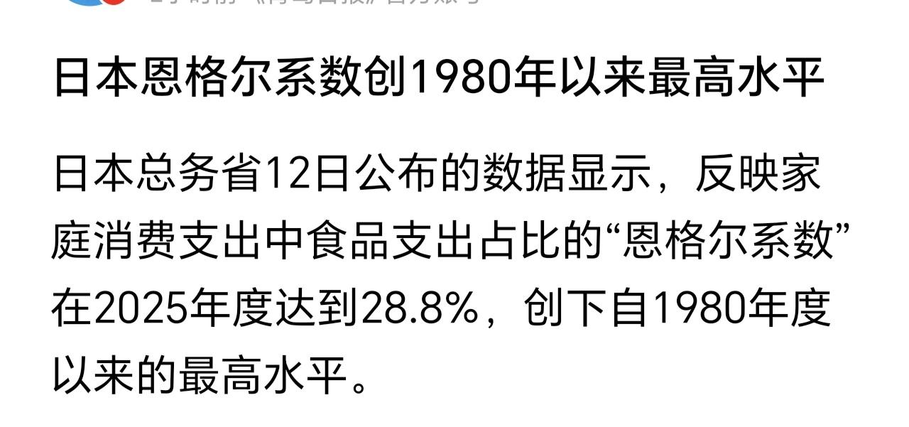 日本恩格尔系数达到28.8%，创1980年以来最高水平。虽然按照联合国粮农组织