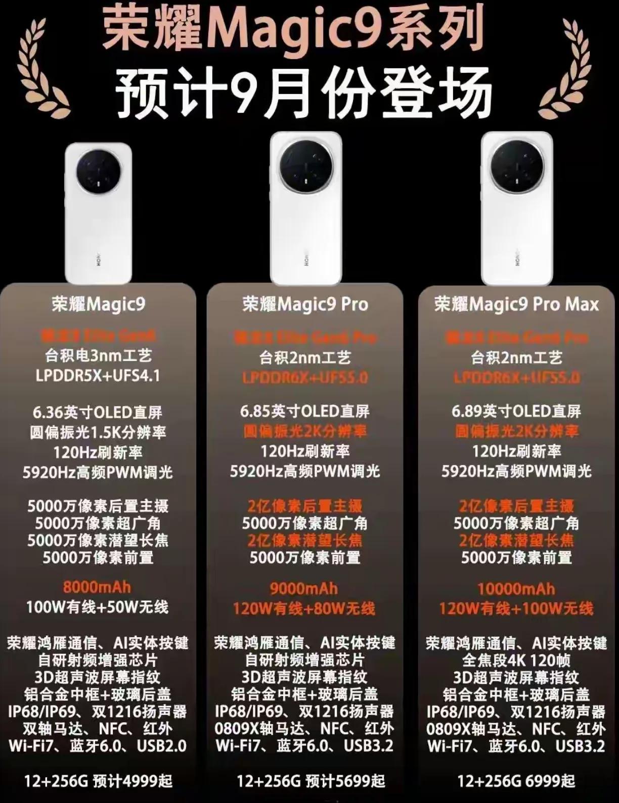 荣耀Magic9系列爆料看完了，标准版12+256G卖4999，Pro卖5699
