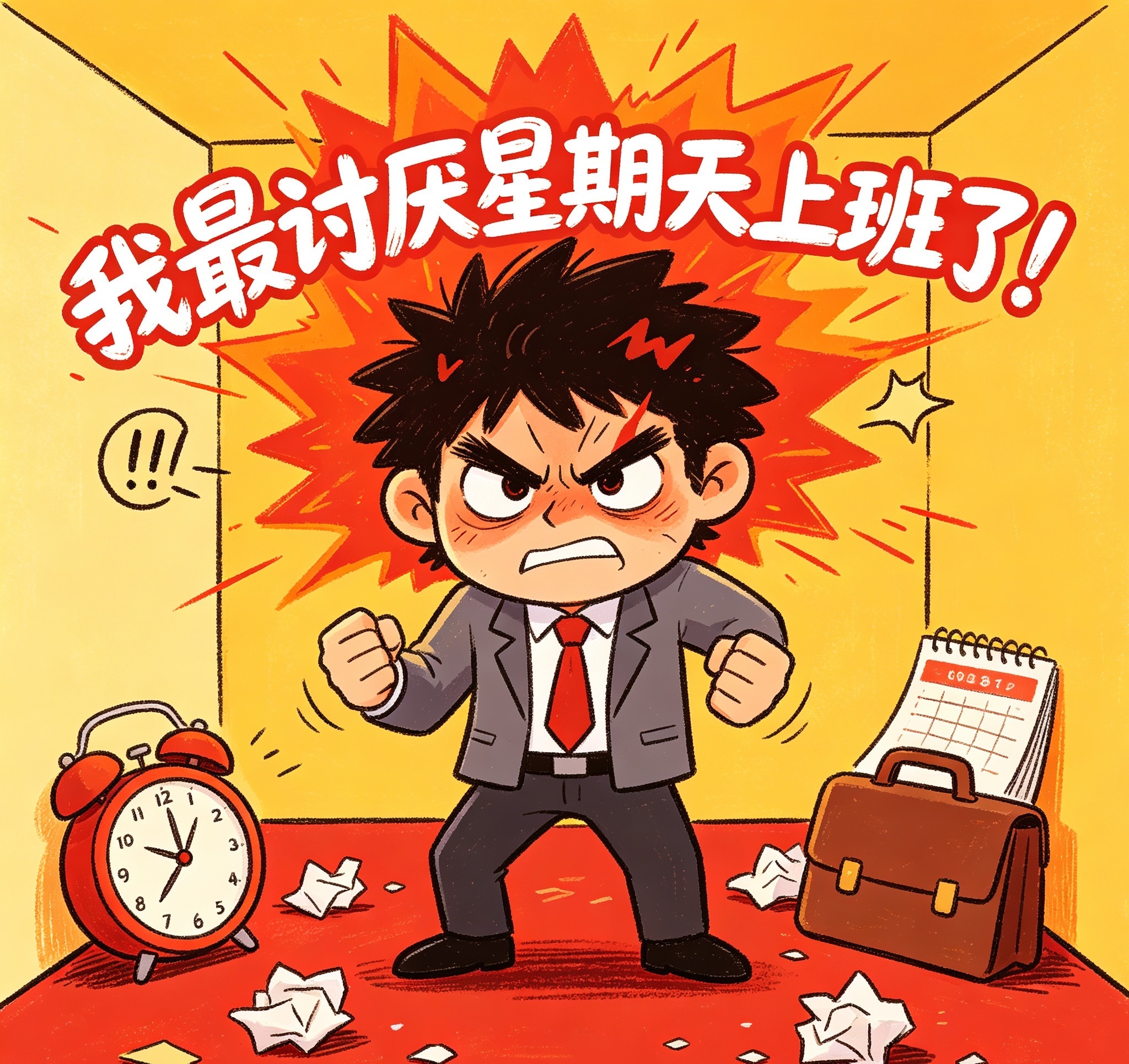 这周日要上班，真烦！我最讨厌星期天上班了！​​​