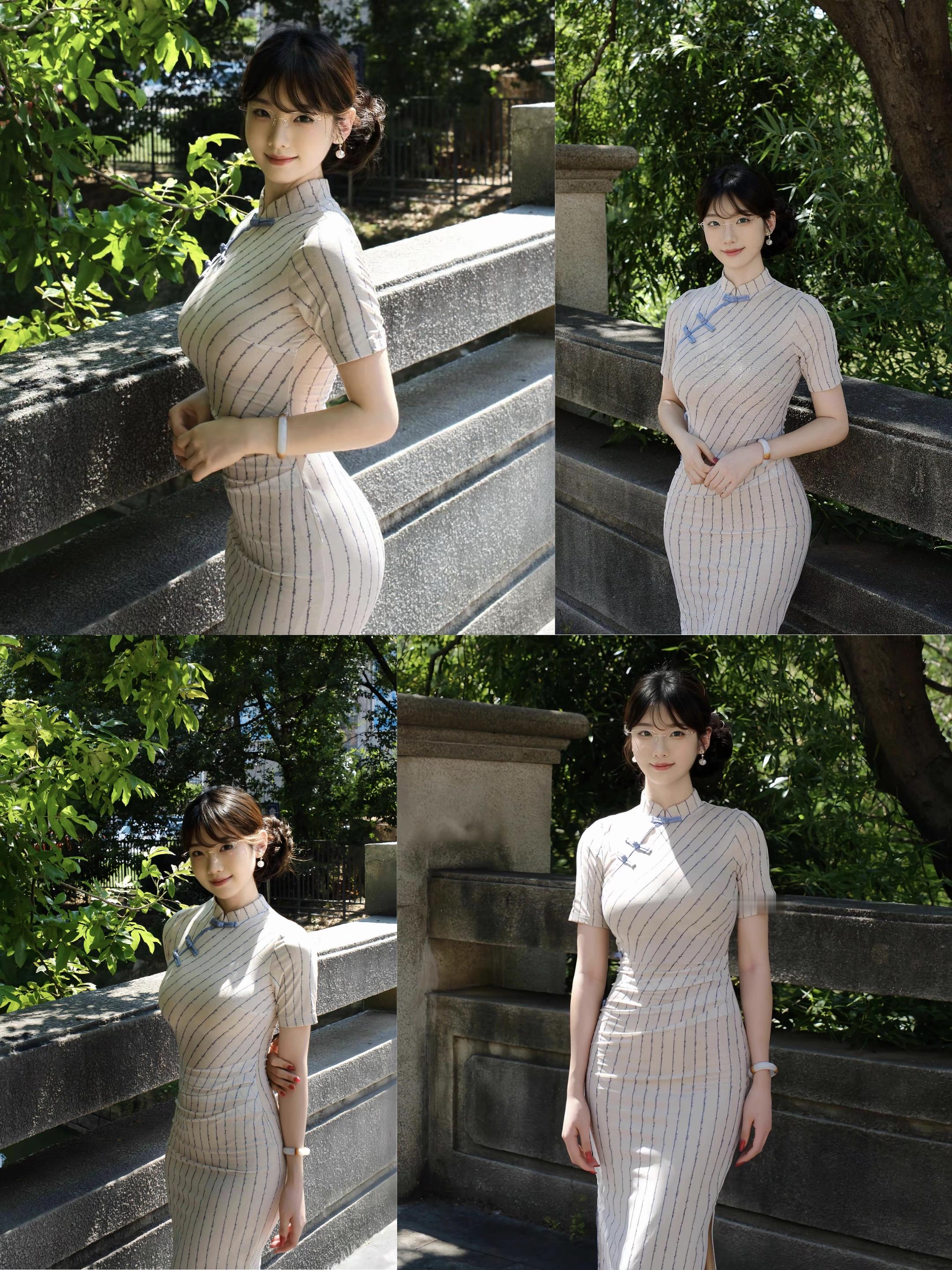 性感妖娆的女子身着条纹旗袍，于绿意盎然的户外场景中，尽显优雅古典且温婉...