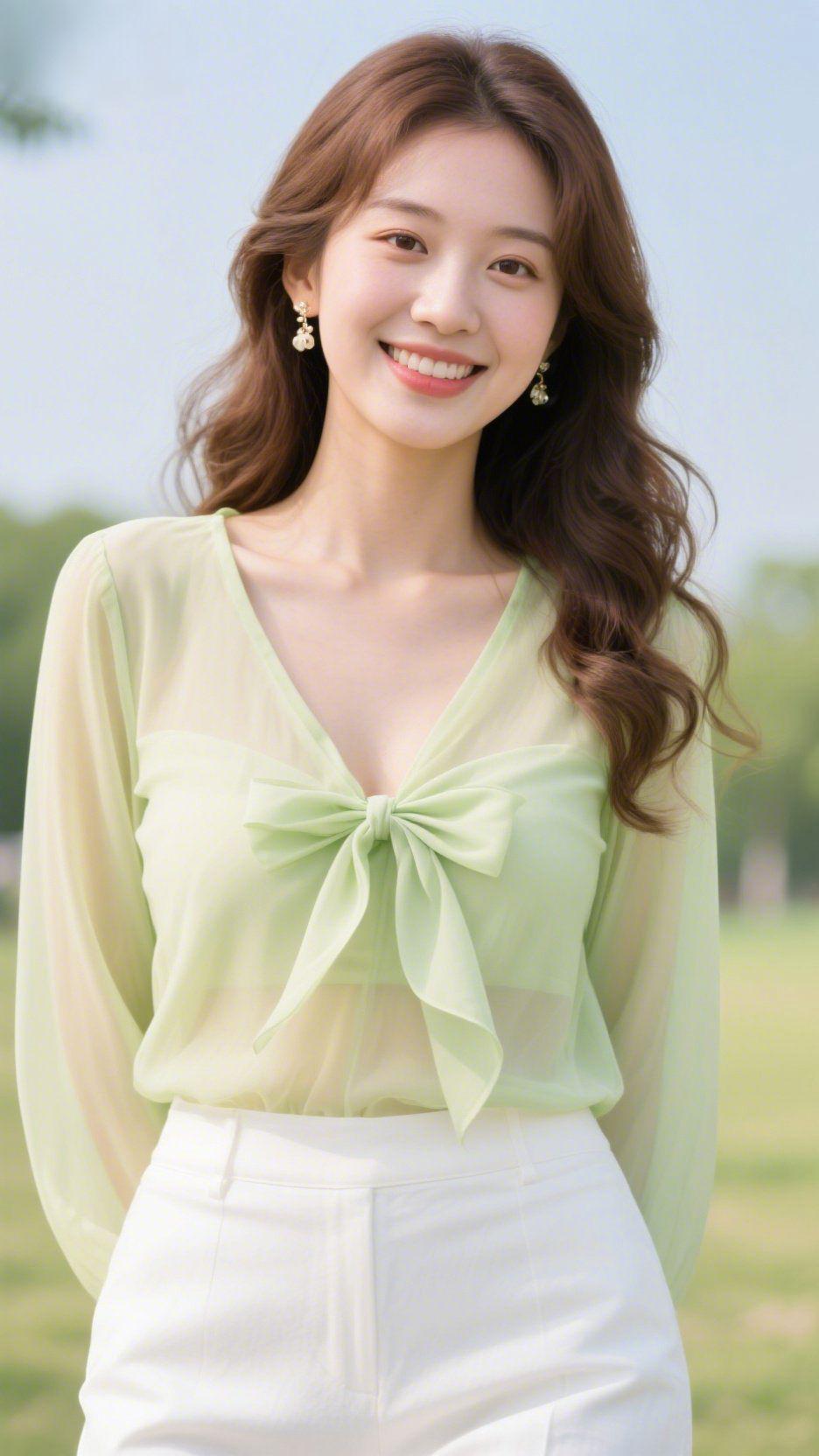 《浅春里的青柠舒意》风裹着草坪的温润漫过时，她立在浅蓝天色下——浅绿纱衫像