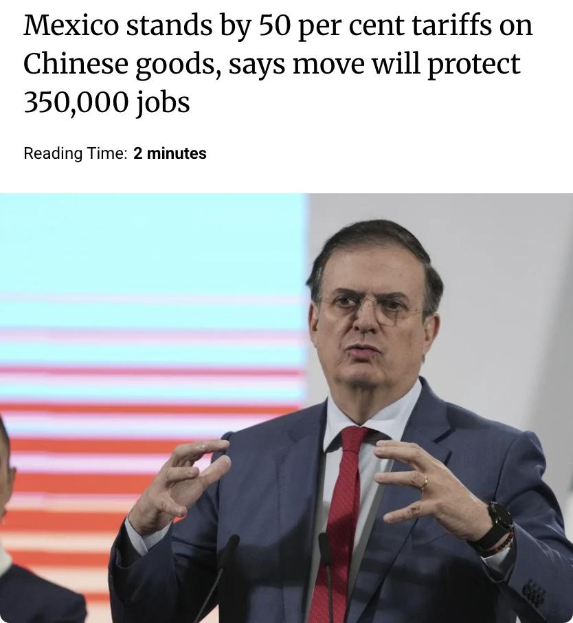 外媒：墨西哥经济部长马塞洛·埃布拉德为对来自中国及其他亚洲国家进口商品征收50%