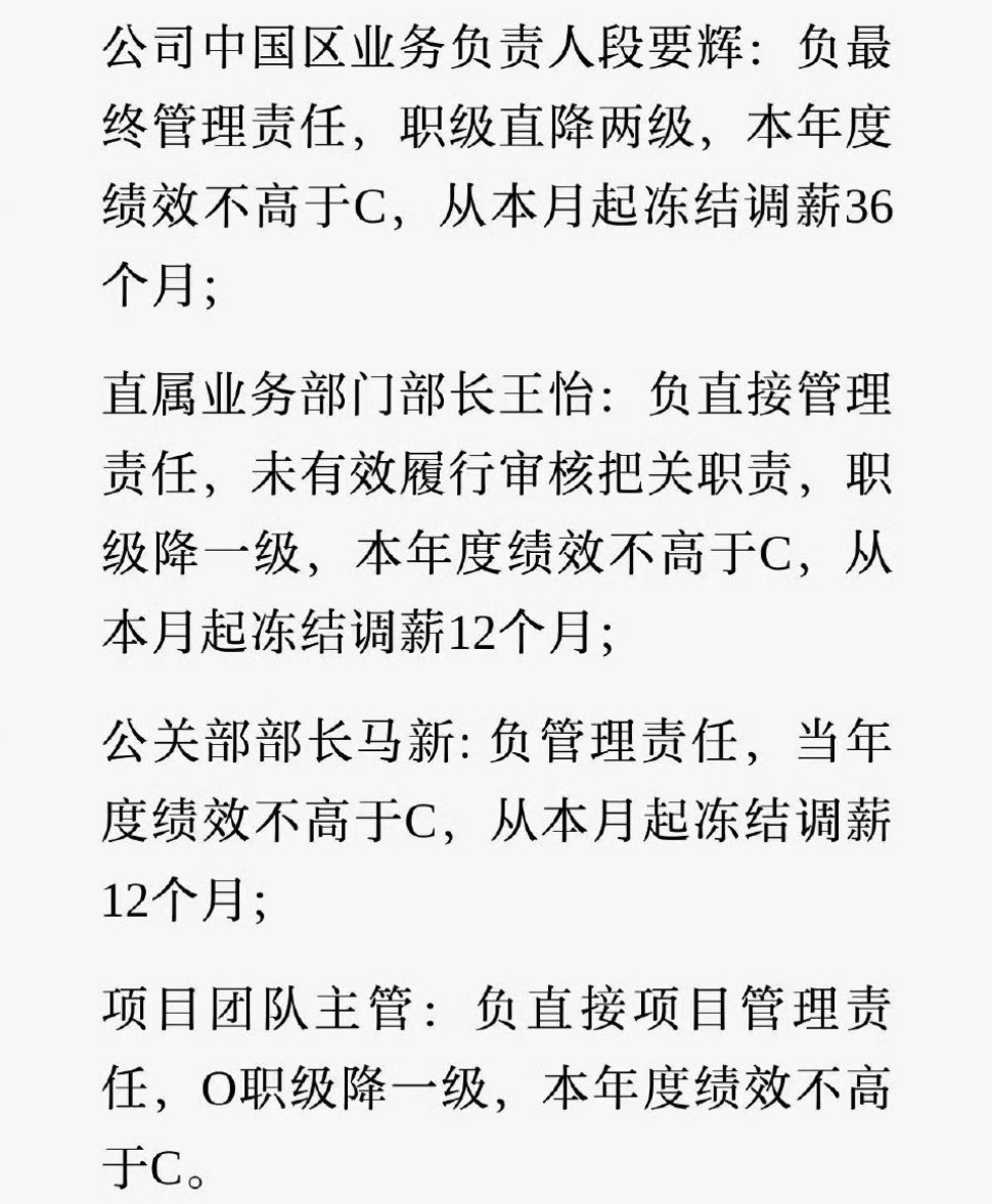 OPPO公布的处罚中:中国区业务负责人段要辉罚的最重，职级降两级，年度绩效不高于