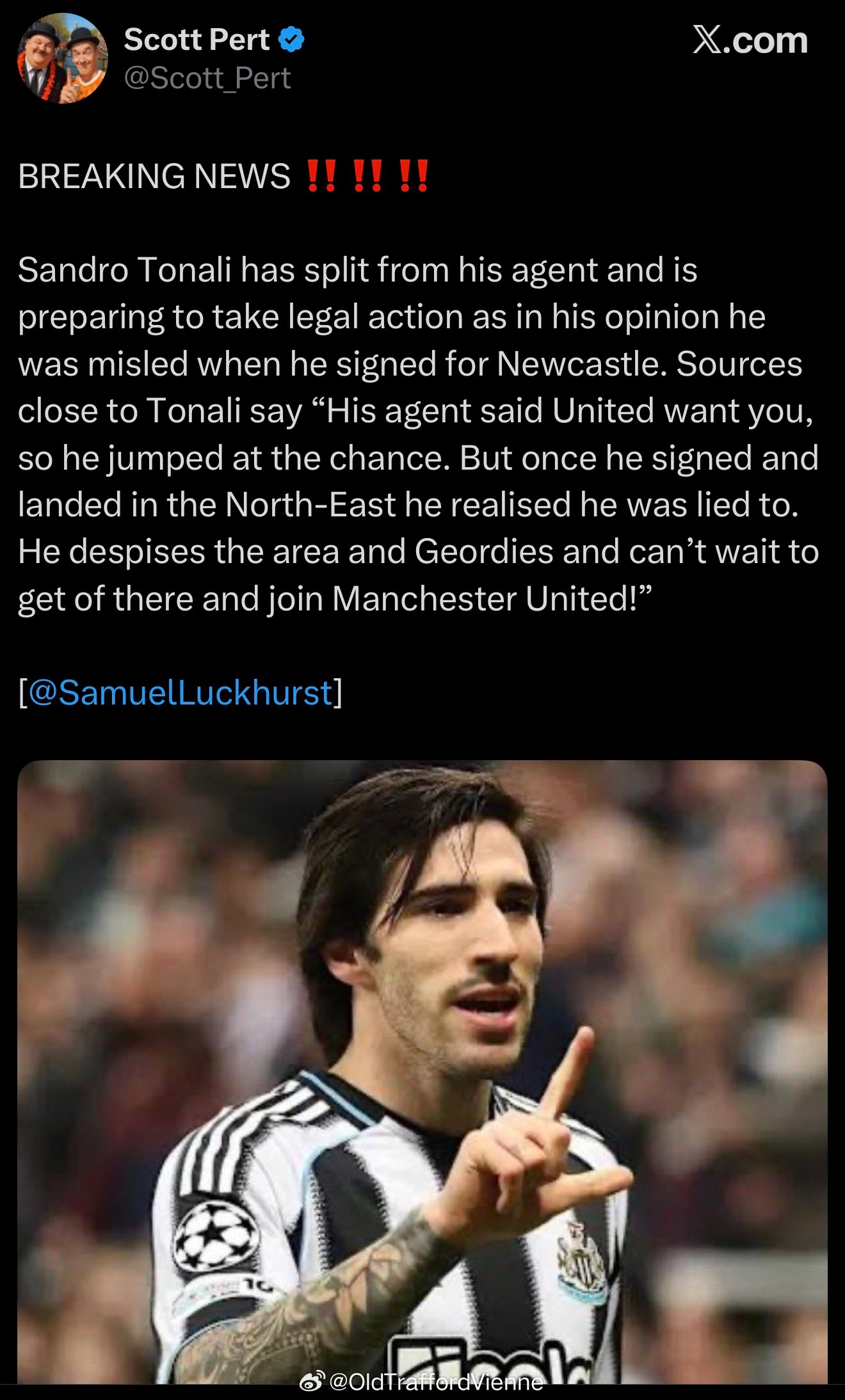 我觉得这是个段子“托纳利正在和经纪人分道扬镳！因为之前经纪人对他说United对