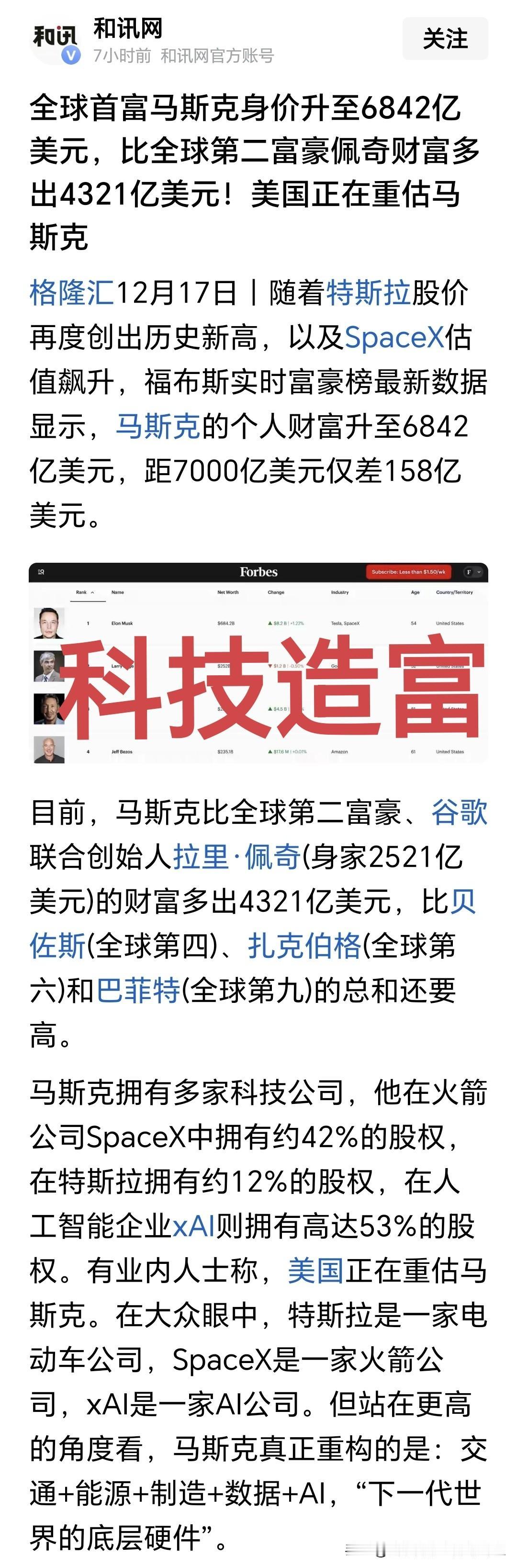 世界已经进入科技造富的时代了首富科技巨头马斯克的财富已经接近7000亿美元，也