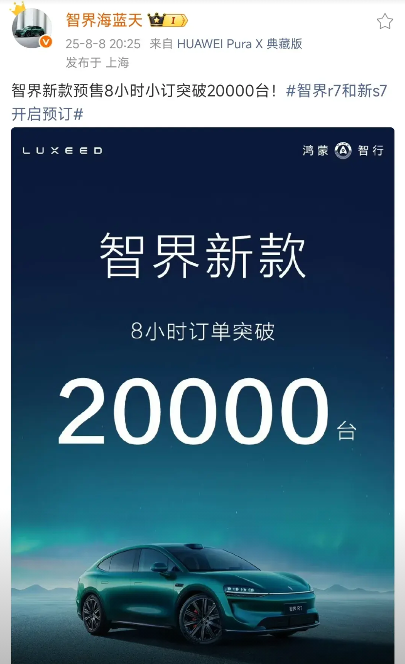 智界产品总监发来喜报，智界新款开启预定8小时订单突破20000台。果然是出圈的车