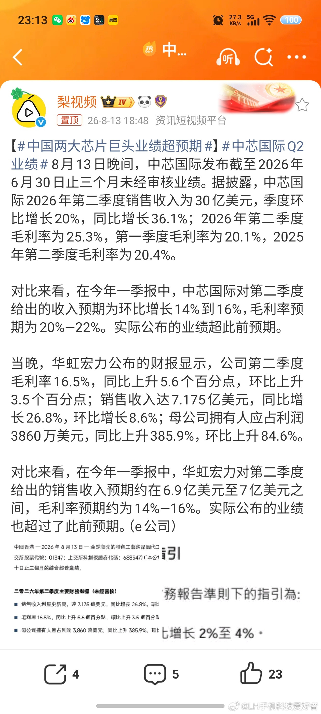中国两大芯片巨头业绩超预期中芯国际和华虹宏力都公布了业绩，从数据来看整体发展是比