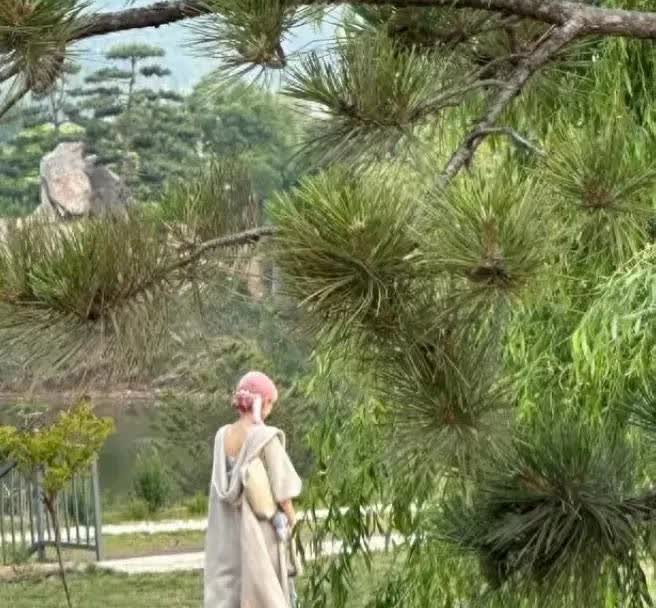 网友在公园偶遇赵丽颖，没想到本人好白好嫩，一头粉发很扎眼，美得冒泡。赵丽
