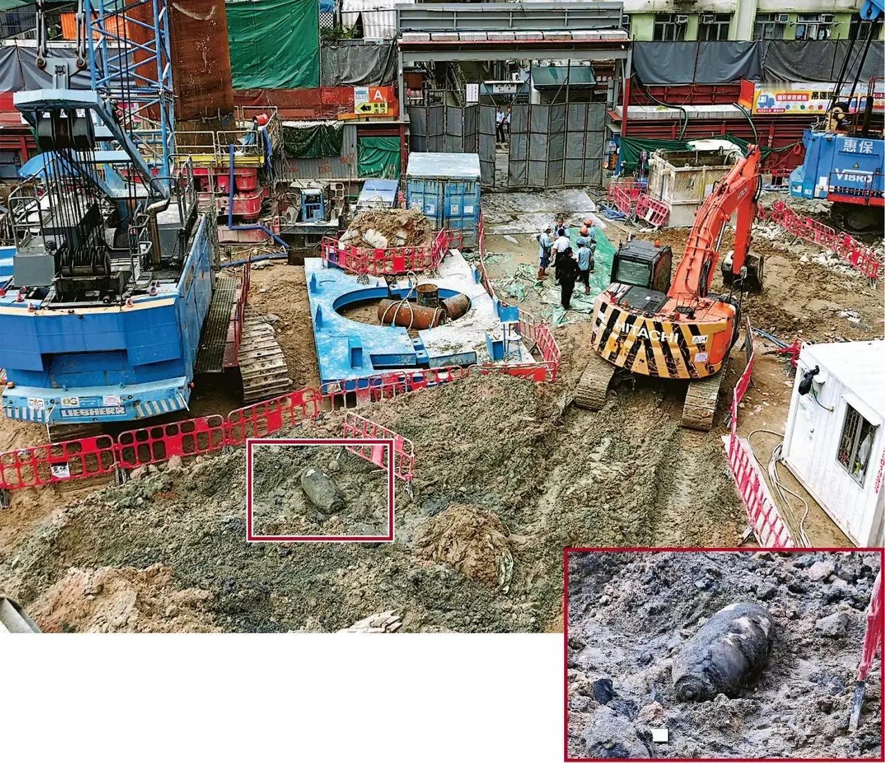 香港北角鲗鱼涌滨海街惊现一枚二战时期遗留的美军标准空投炸弹。该炸弹长约1.4米，
