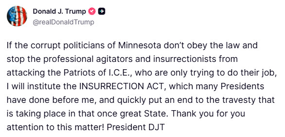 🐖特朗普:“如果明尼苏达州的“腐败政客不遵守法律”，不阻止“职业煽动者和叛乱