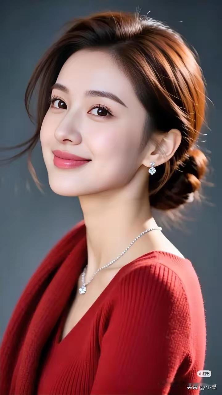 这位美女穿着红色衣服，戴着珍珠项链。