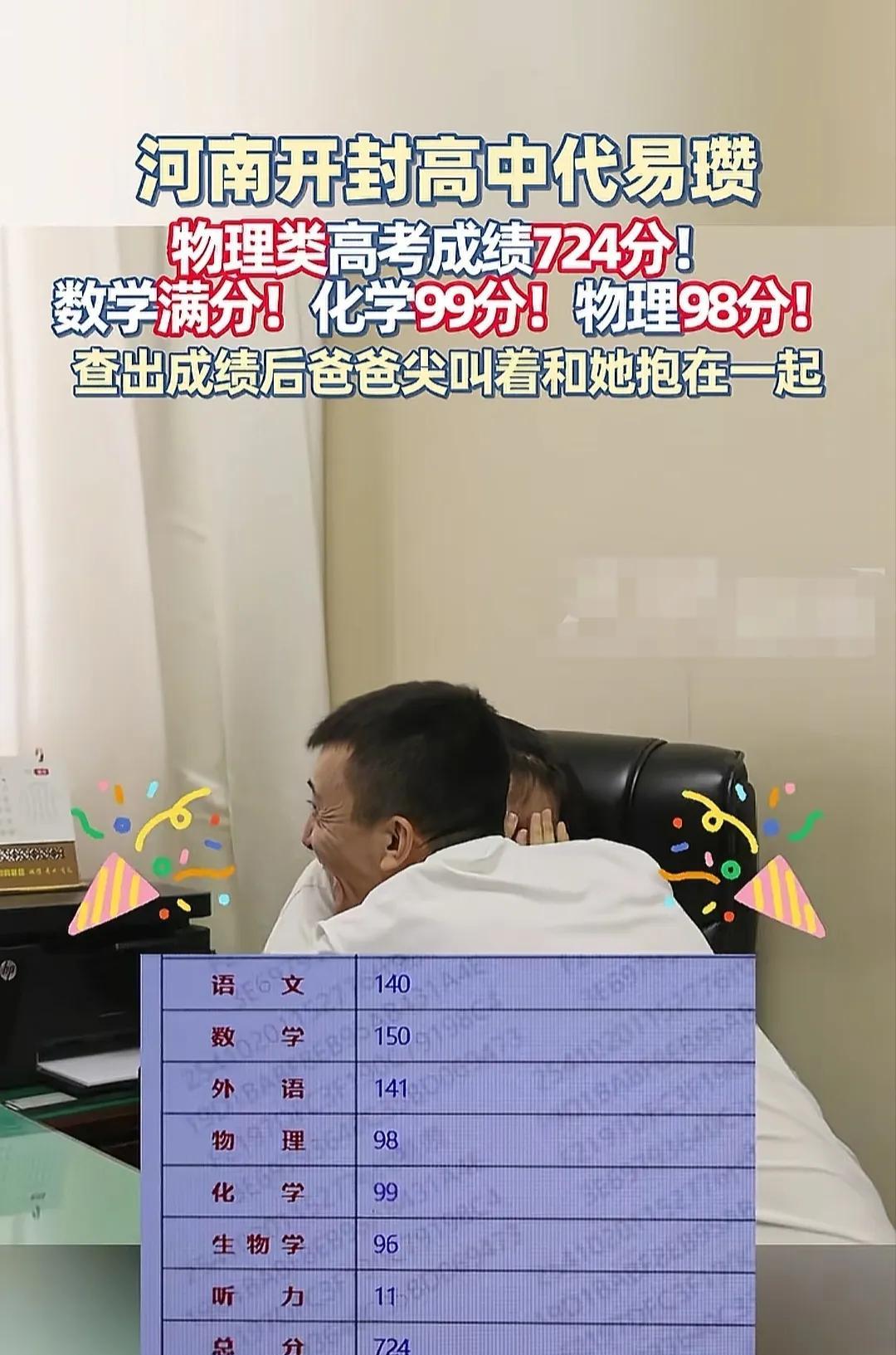 河南开封一女生代易瓒高考成绩724分，数学竟然满分，真是太厉害了！从“大象新闻