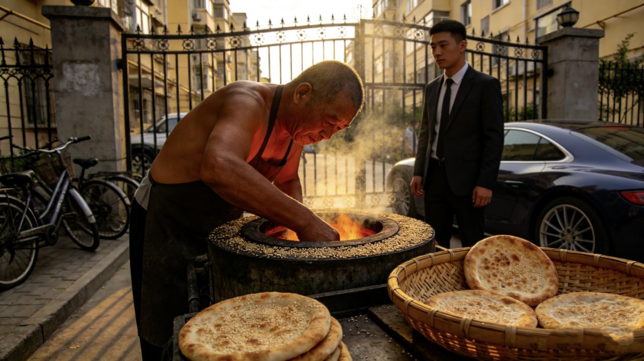 老周在小区门口卖了二十年烧饼。炉子是他自己打的，贴烧饼的姿势一直没变弓着腰，手