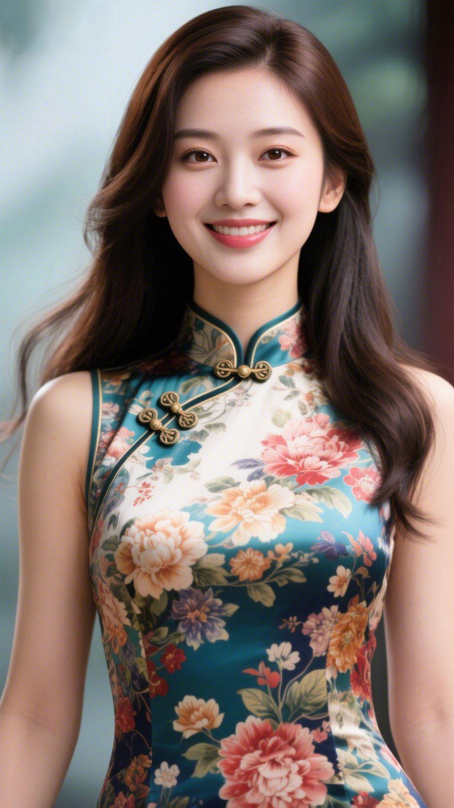 旗袍裁春裹芳华风过窗棂时，她转身的弧度里，墨发轻垂在旗袍立领边，铜色盘扣像