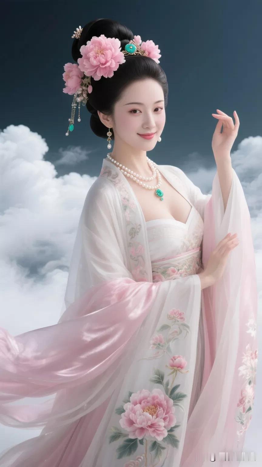 古典美人，粉花玉簪，云间仙子张立启原创书画AI作品古仕女发髻服饰集锦第588期集