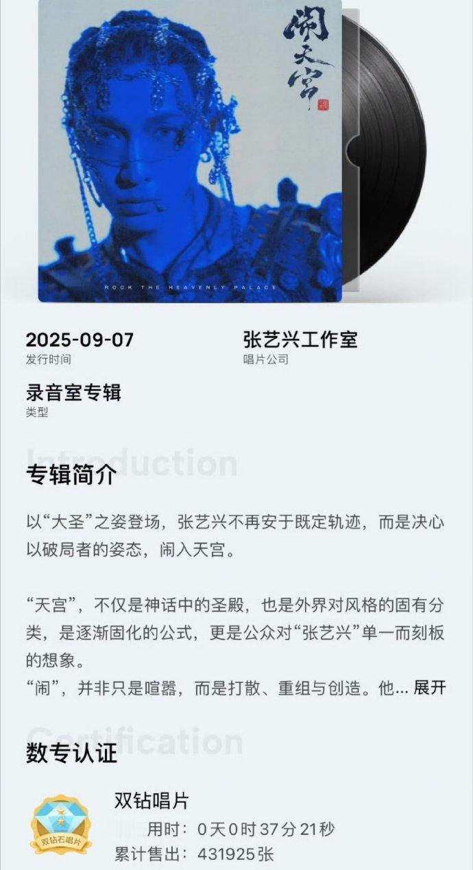 张艺兴新专《闹天宫》37分钟1000w➕，达成双钻唱片，两亿里程碑，内地歌手第一