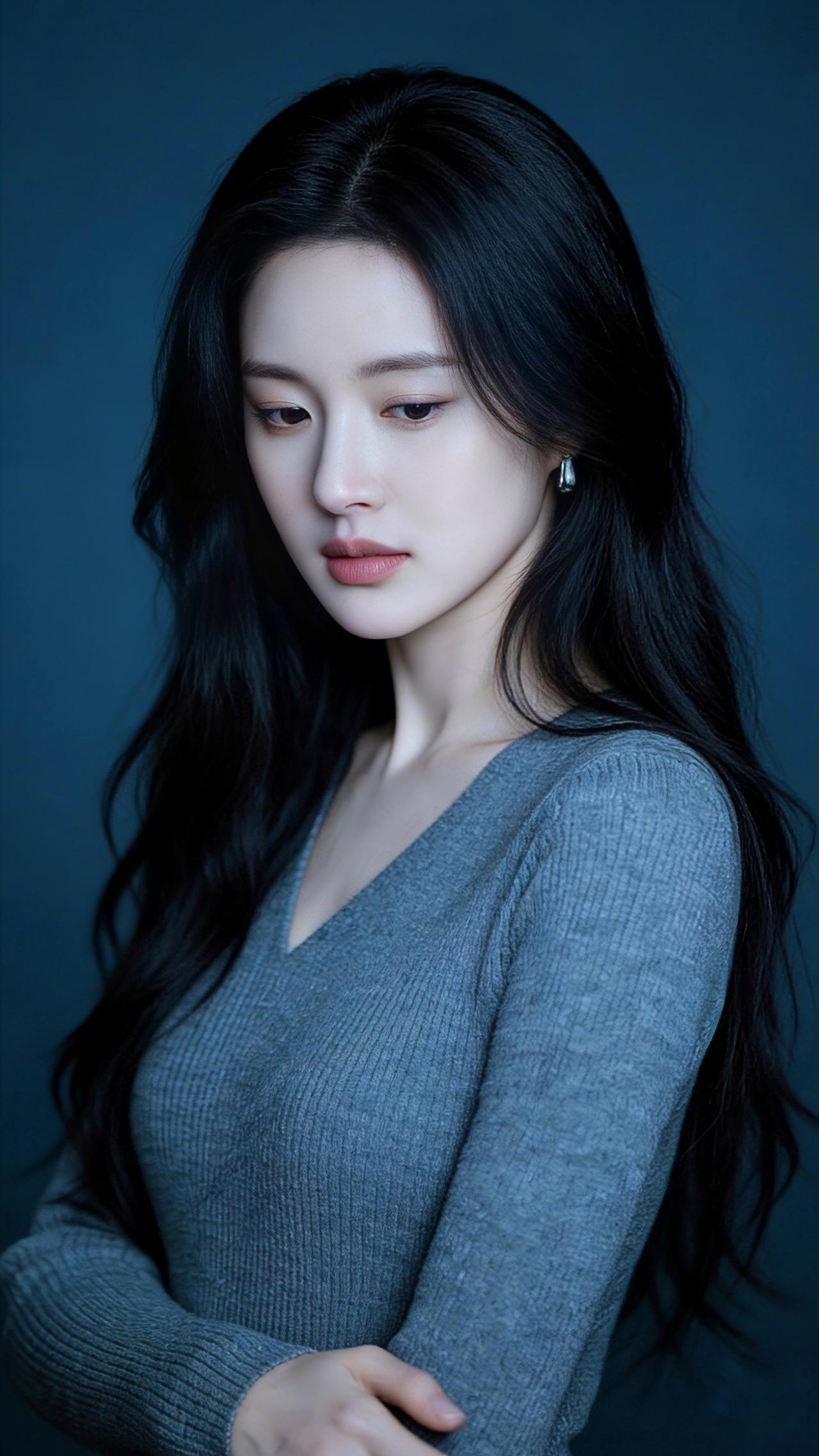 九帧同绘东方婉约仙！乌发如瀑垂落泛柔光，灰V领毛衣衬雪肌莹润锁骨颈线。银饰耳环闪