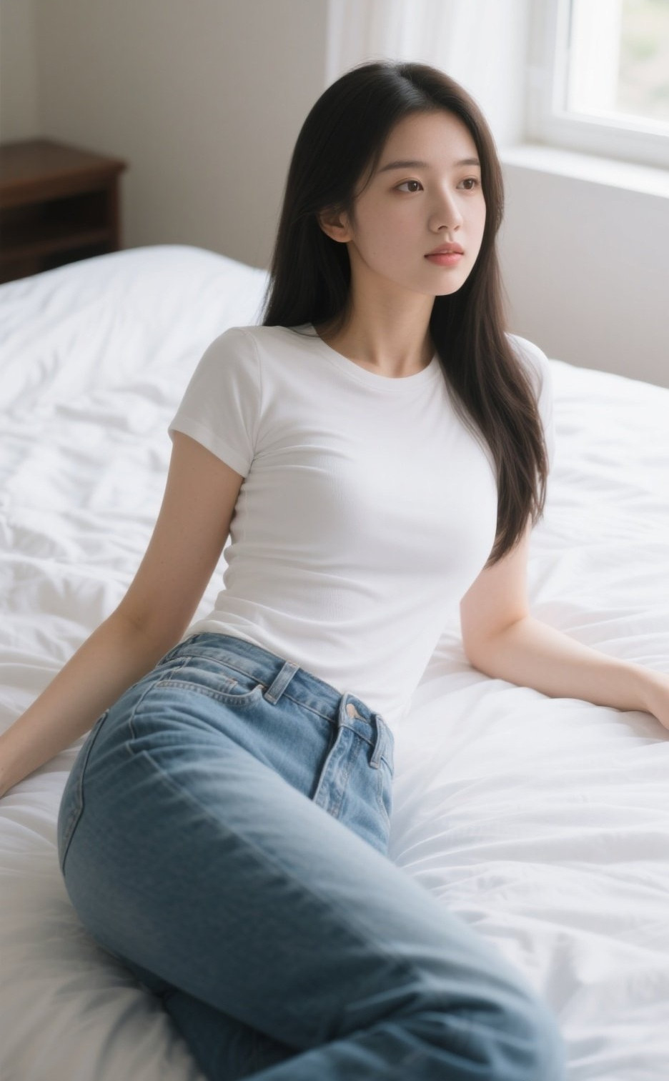 甜美女孩家居时刻，牛仔裤勾勒俏皮身姿