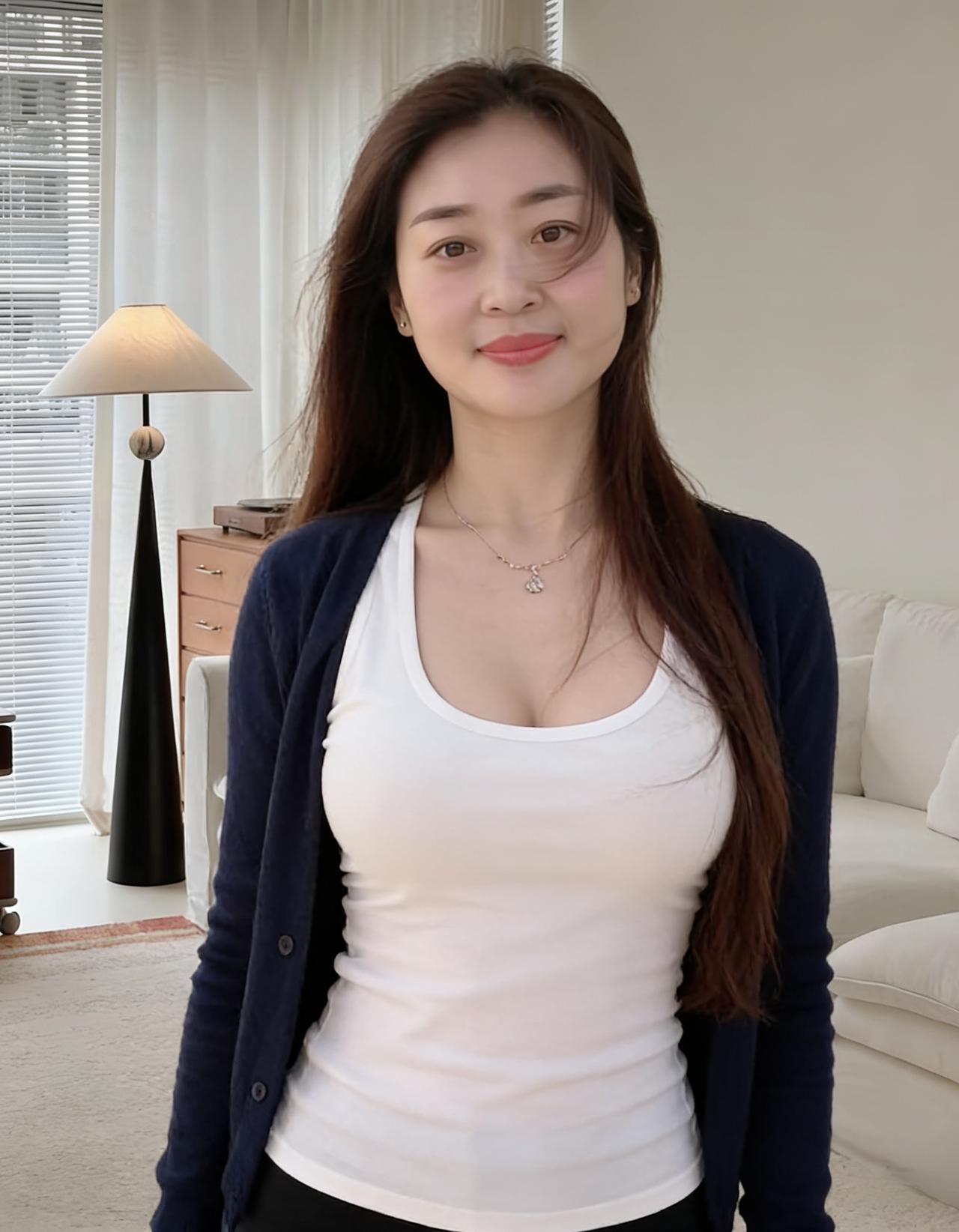 百叶窗明映晓光，幽居人立意清扬。青衫漫裹温柔色，白练轻萦淡雅妆。颈畔银链摇细