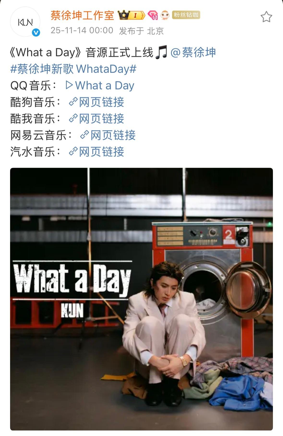 蔡徐坤《WhataDay》音源上线