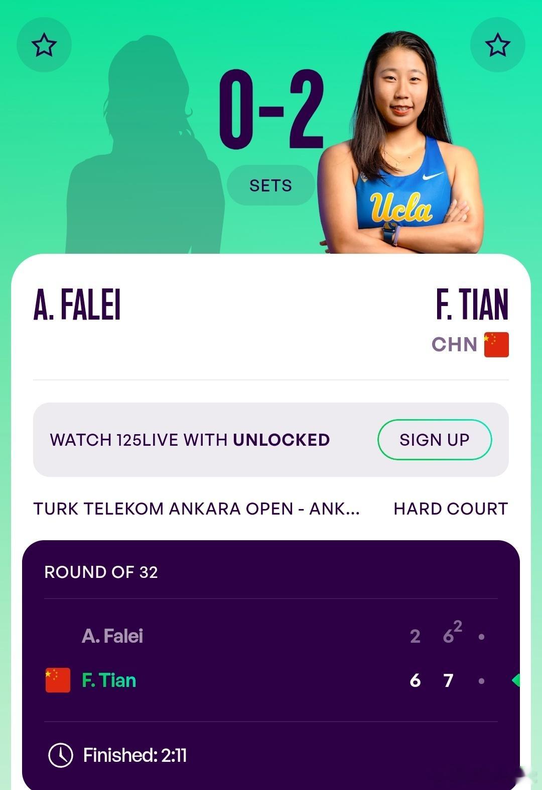 WTA125安卡拉站🇹🇷女单第1轮田方然🇨🇳6-2/7-6(2)战胜法列