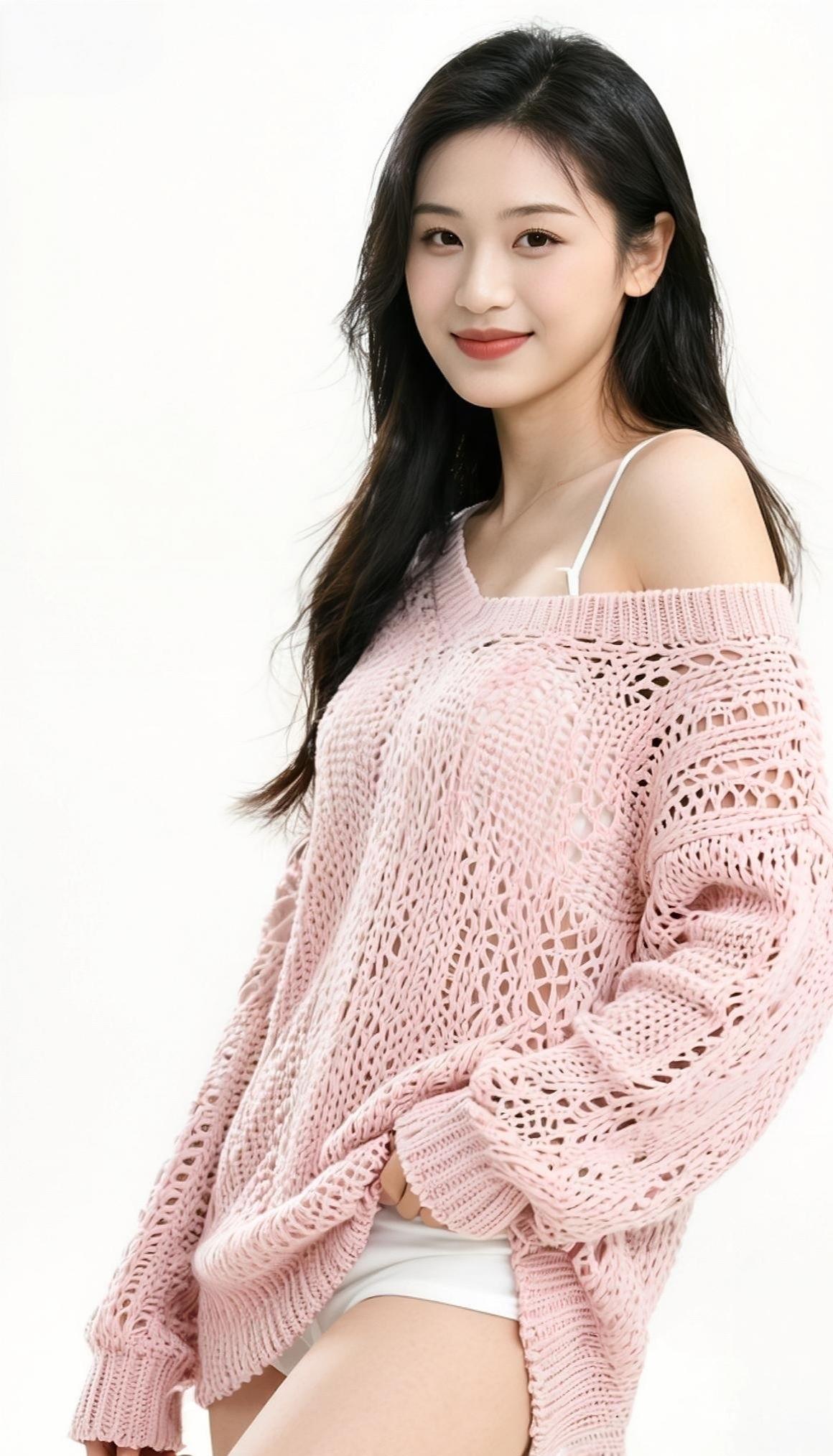 粉衫轻裹，乌发垂肩，不施粉黛，自有清欢。✨娇艳养眼美女粉衫轻露半肩柔，乌