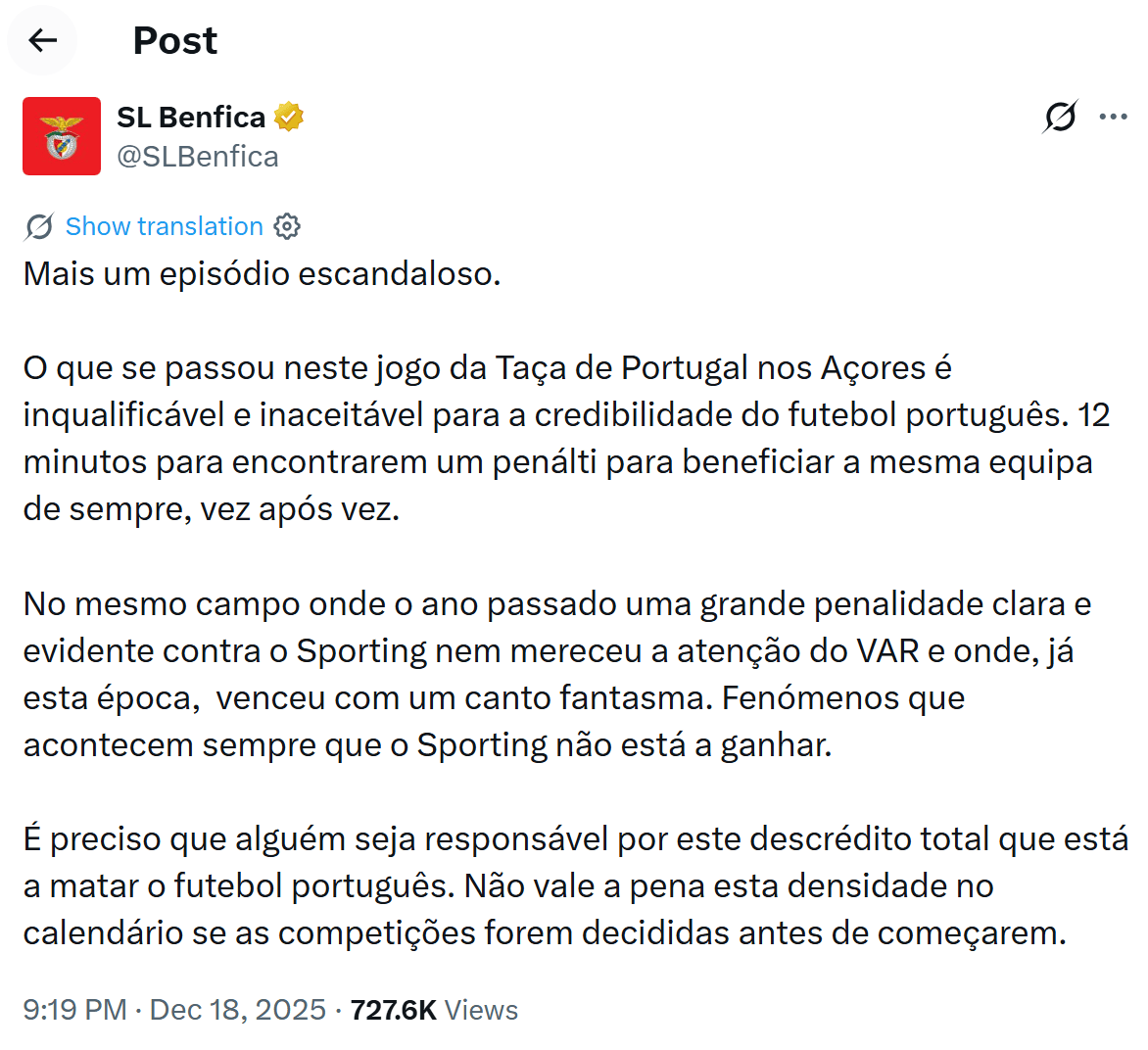 本菲卡官方声明: VAR12分钟找点球, 葡萄牙体育屡次受益