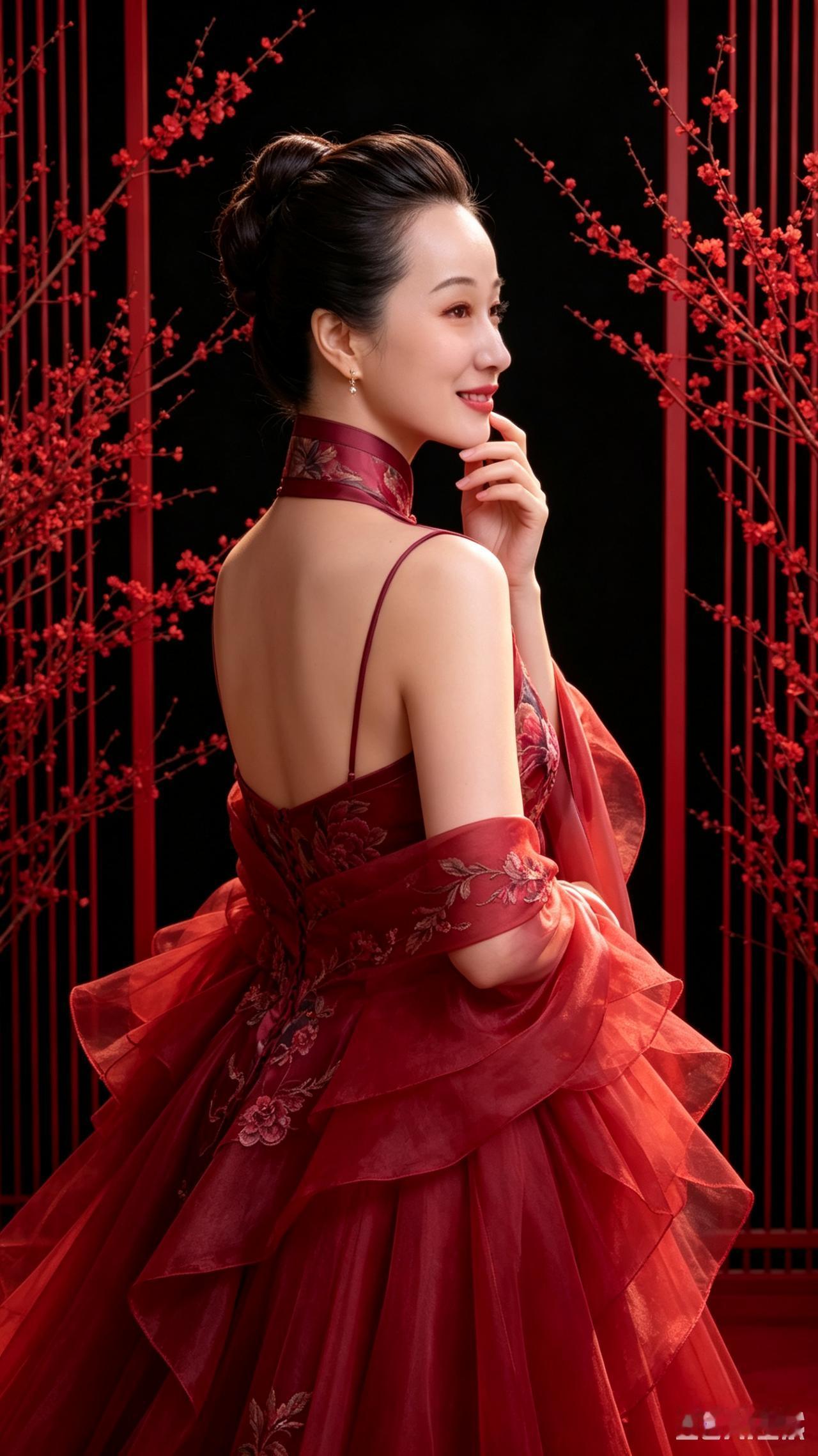 一袭红花旗袍美轮美奂，绸缎面料熠熠生辉背后粉色桃花肆意绽放，古亭之景满是氛围感