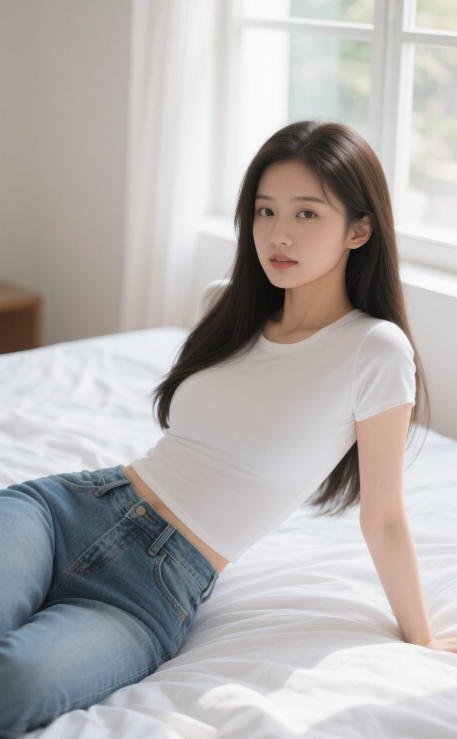 清新系美女日常照，牛仔裤衬出温柔韵味
