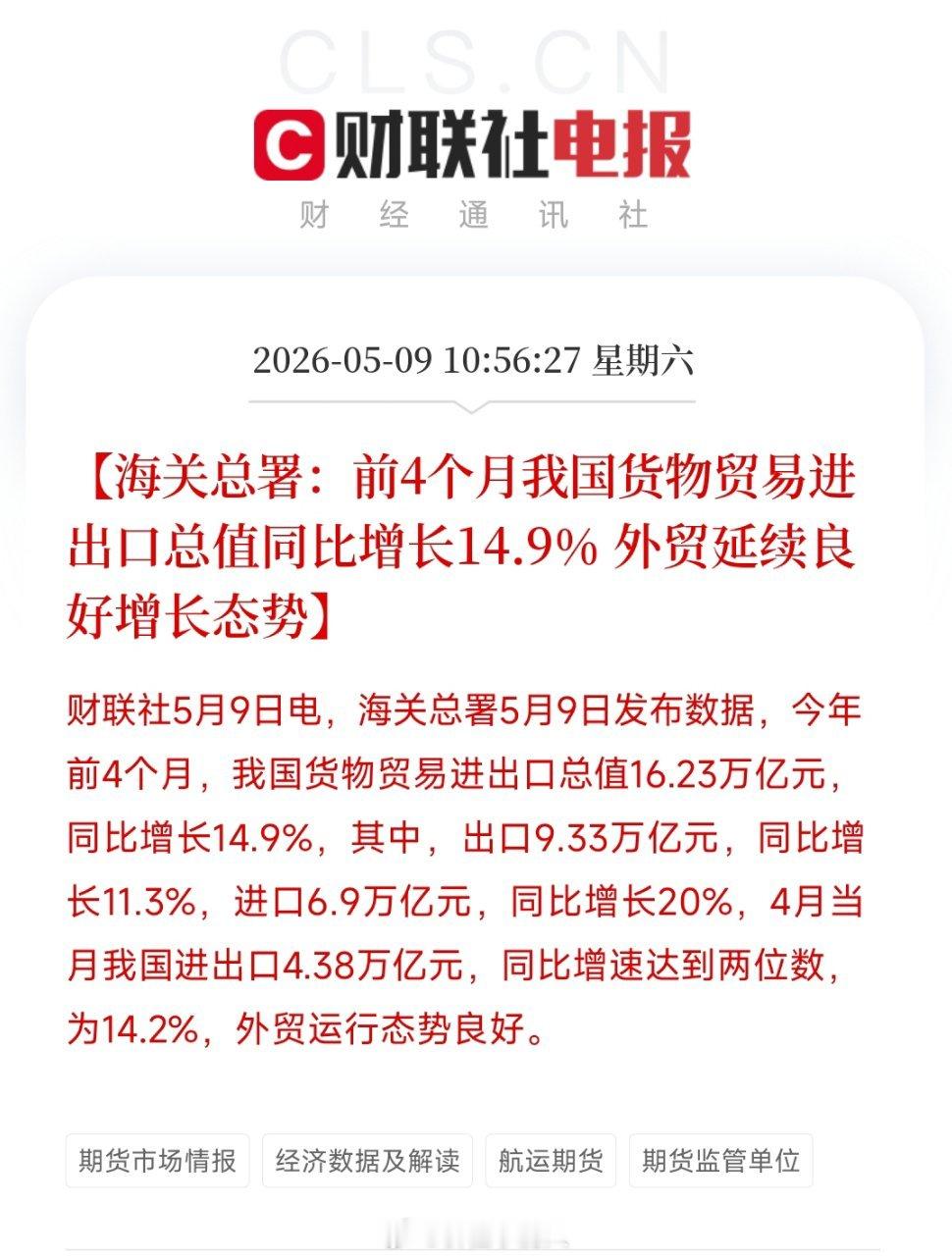 前4月外贸同比增14.9%！进出口双高，高附加值出口强势领跑5月9日，海关总署发