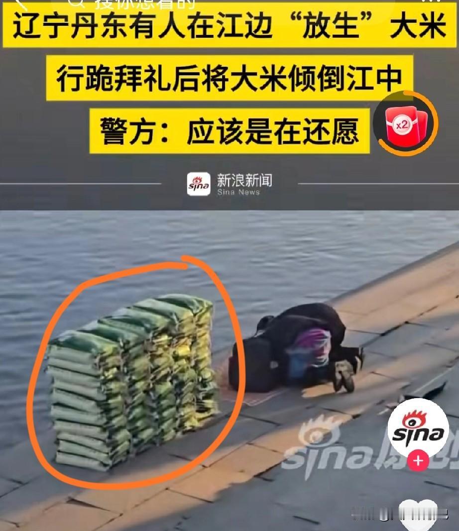 有些人还是吃的太饱了，这么多的大米倒在江里放生，说是做好事，太可惜了吧，