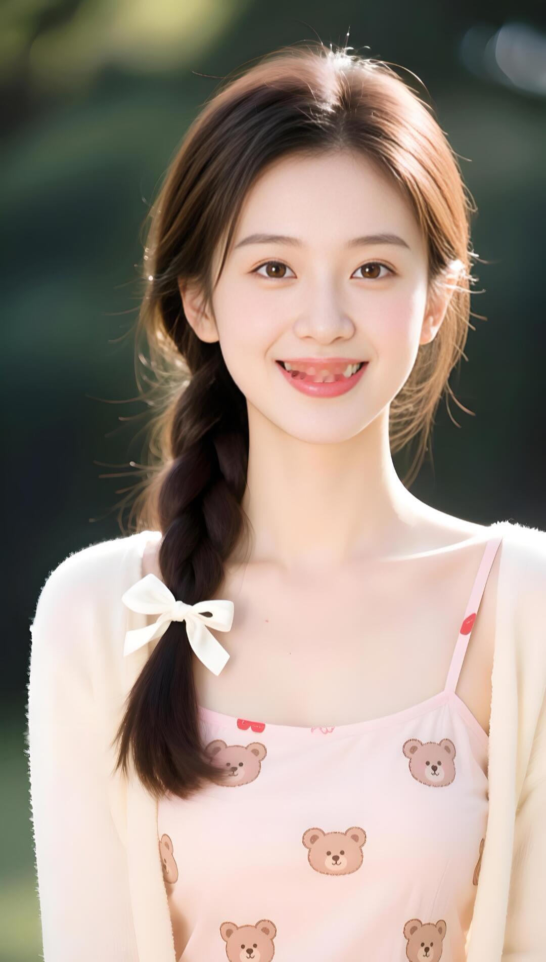 甜美少女风，粉色小熊连衣裙，微笑的阳光女孩