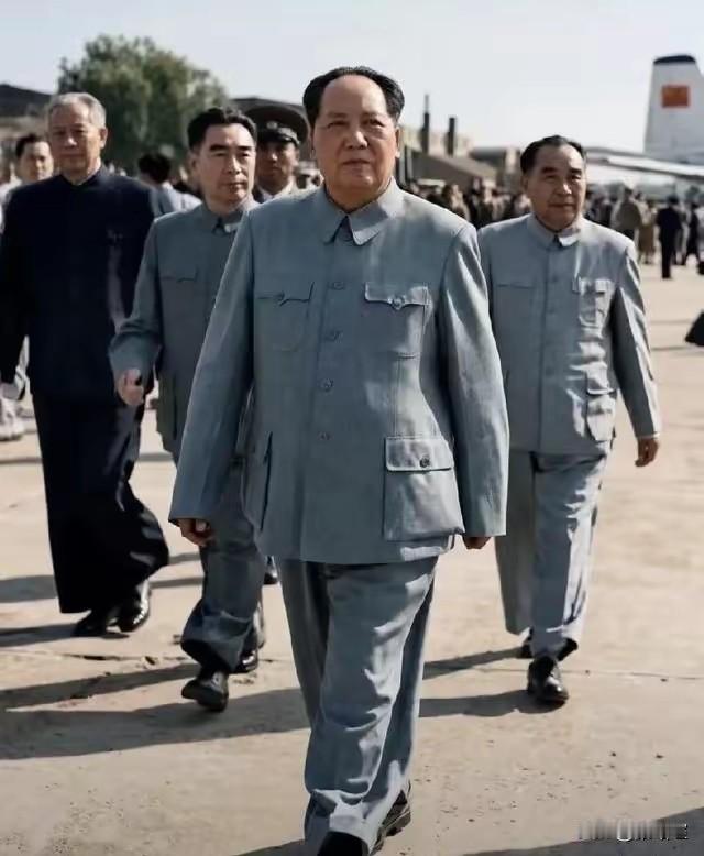 毛主席、周总理和朱总司令昂首阔步，大步向前，目光坚定，满怀开辟新中国的信心，向着