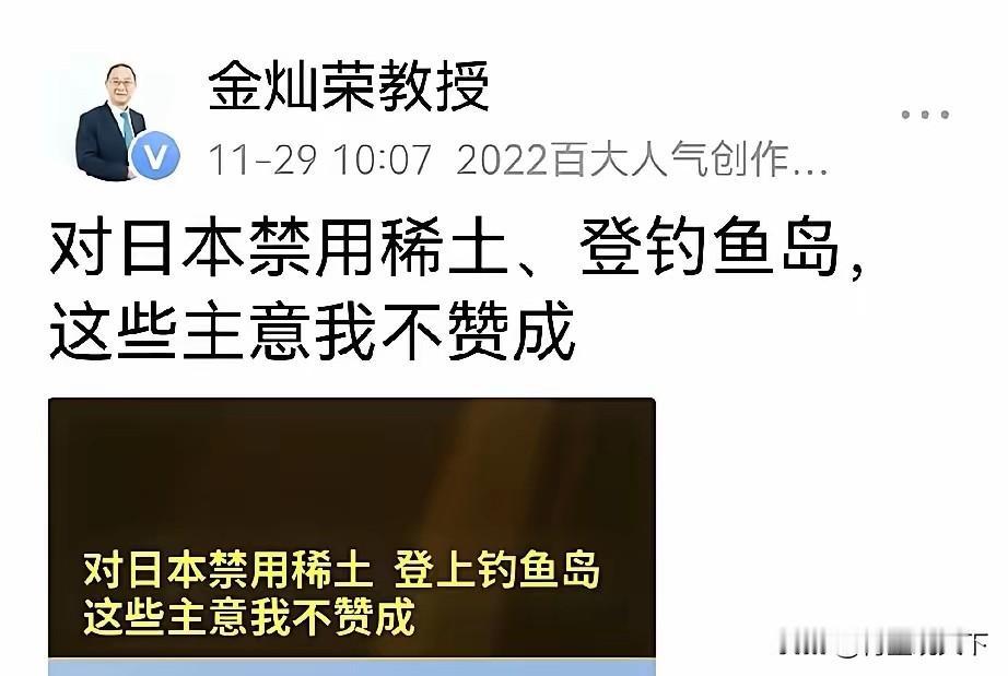 金灿荣教授说，对日本禁用稀土、登钓鱼岛，这些主意我不赞成。我不明白金灿荣教授