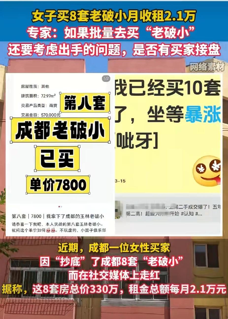 最近楼市彻底火了！成都一位大姐直接拿下8套老破小，总价330万，每月稳稳收租2.