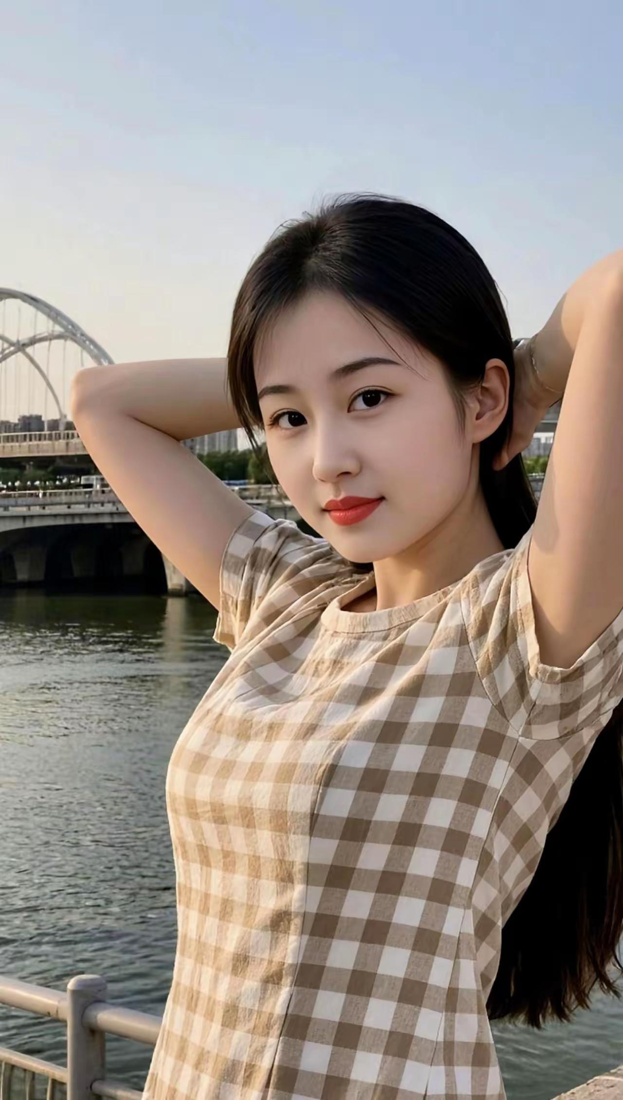 阳光明媚，美女靠桥边拍照。