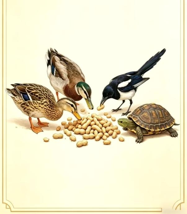 〔看图猜成语〕图中画面真有趣；有鸭还有麻雀在；乌龟爬的慢后来；它们争着吃