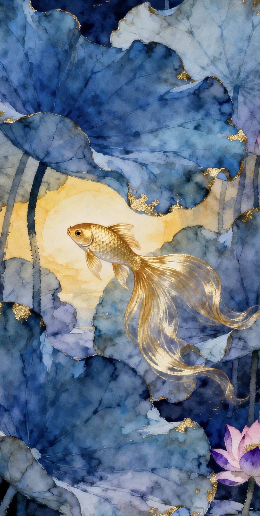 紫气东来，金鲤献瑞，蓝叶纳吉，家业兴旺。传统文化绘画