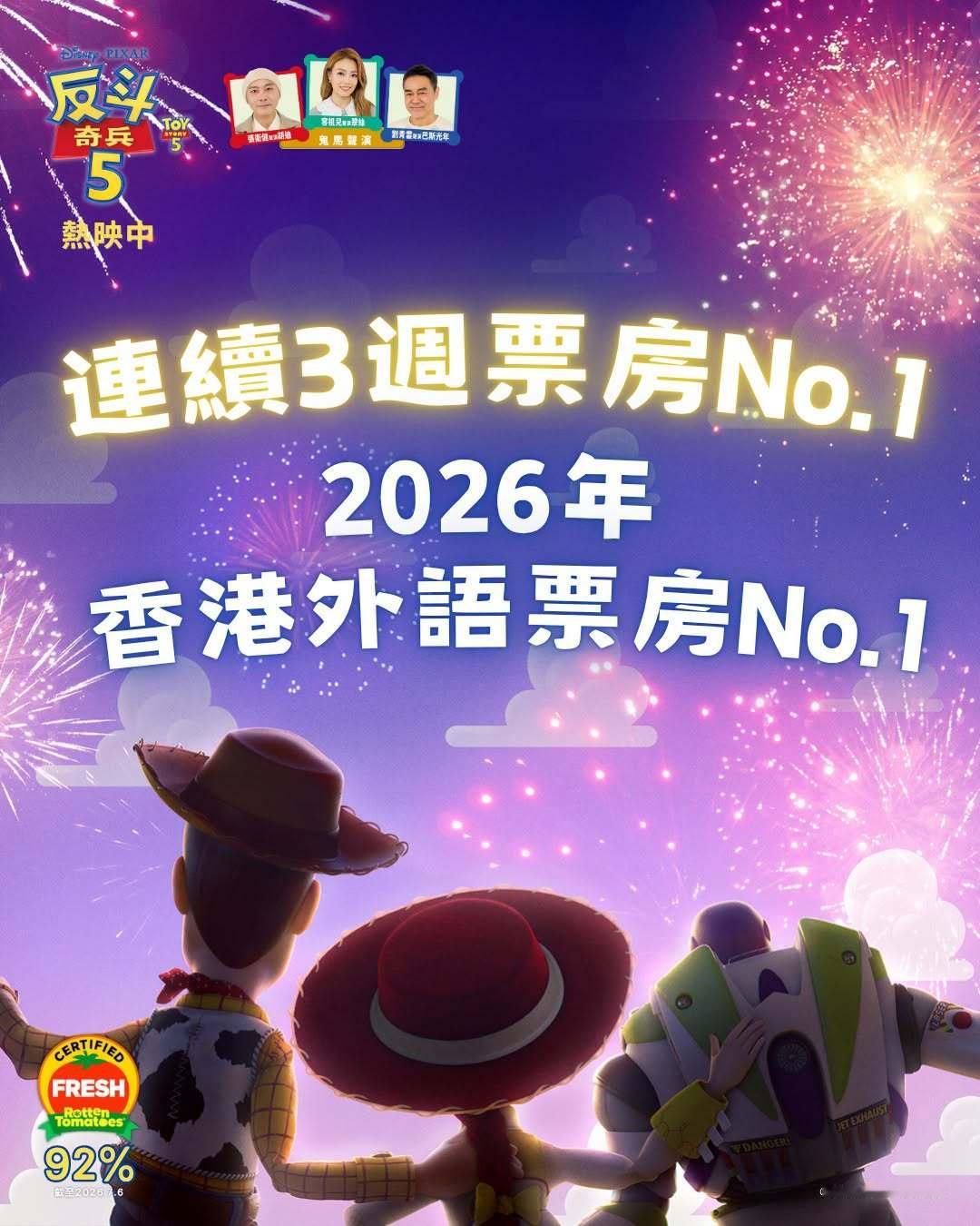 2026年第27周香港票房：1.《玩具总动员5》三连冠，累计票房超4000万排
